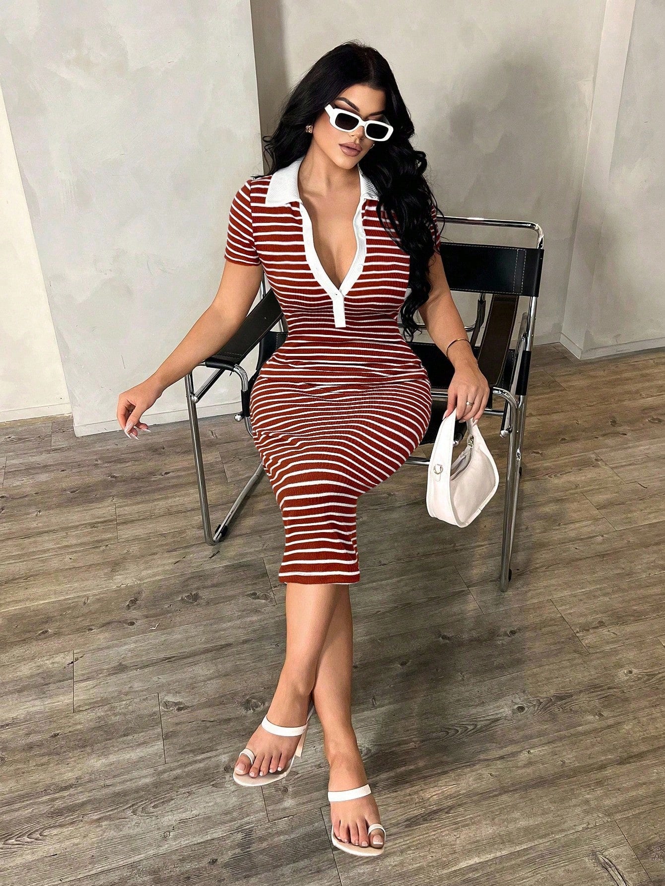 SXY Women's Casual Striped Short Sleeve Polo Dress, Knitted Bodycon Mid-Length Dress, French Elegant Dress,Casual Dresses For Women