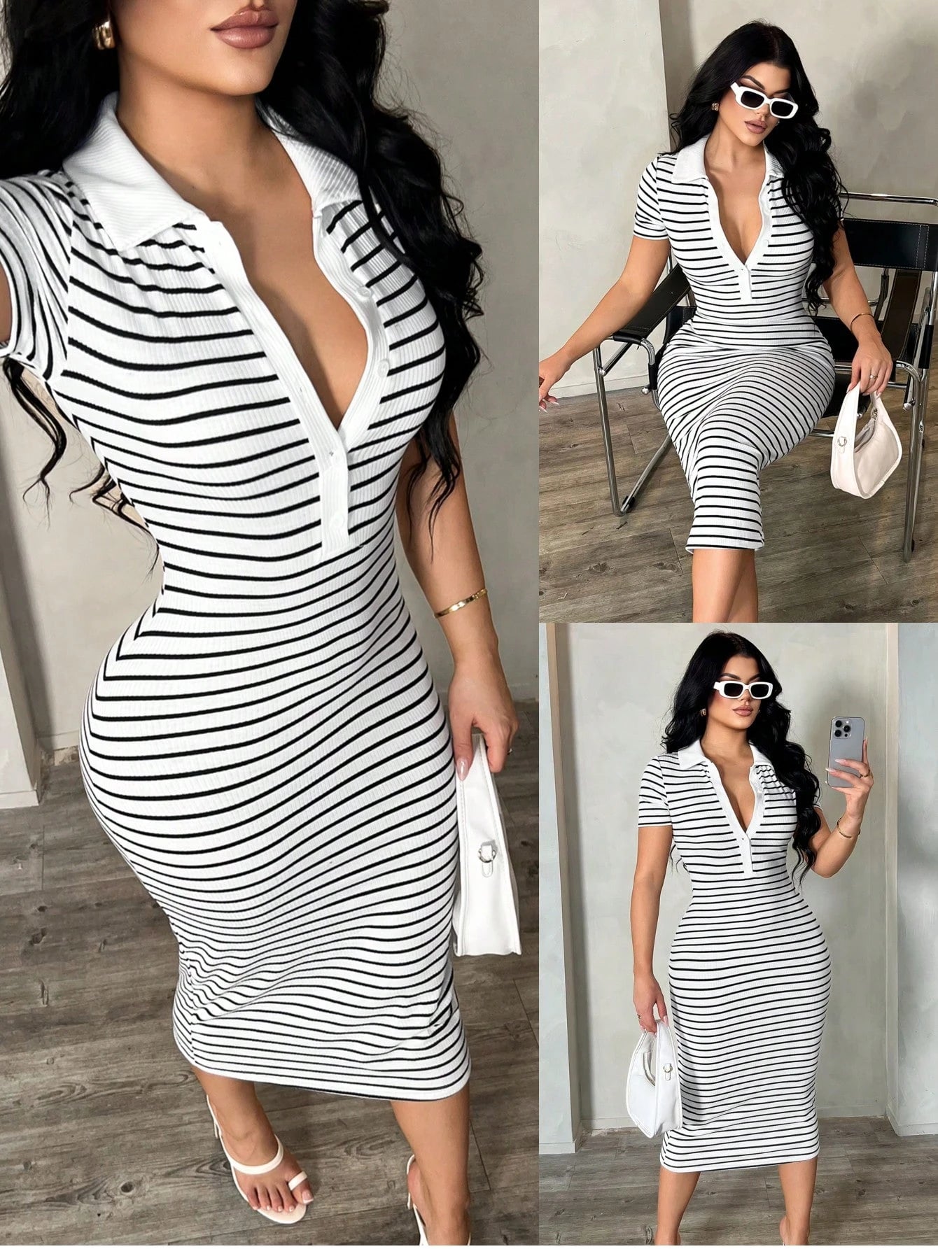 SXY Women's Casual Striped Short Sleeve Polo Dress, Knitted Bodycon Mid-Length Dress, French Elegant Dress,Casual Dresses For Women