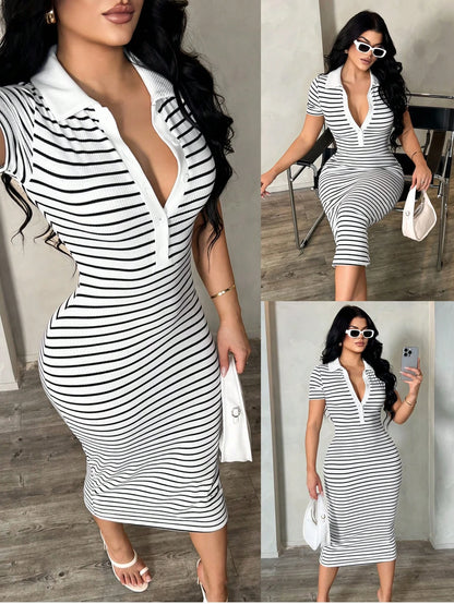 SXY Women's Casual Striped Short Sleeve Polo Dress, Knitted Bodycon Mid-Length Dress, French Elegant Dress,Casual Dresses For Women
