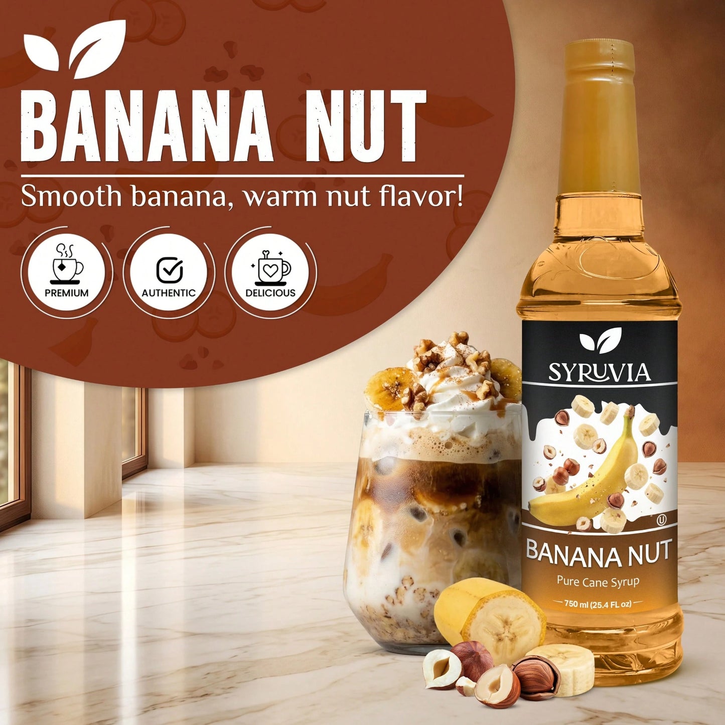 Syruvia Banana Nut Flavored Syrup- 25.4 Fl Oz Premium Flavoring Syrup- Kosher, Gluten Free, Perfect For Drinks, Soda, Shakes, Cocktails, Desserts And More.