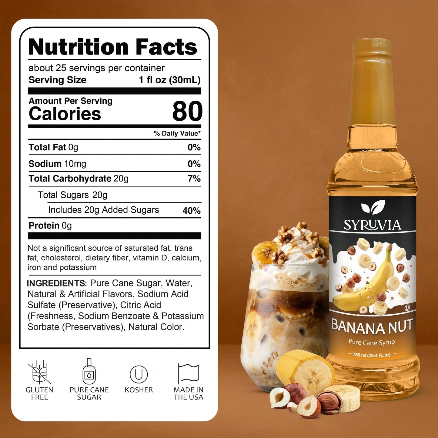 Syruvia Banana Nut Flavored Syrup- 25.4 Fl Oz Premium Flavoring Syrup- Kosher, Gluten Free, Perfect For Drinks, Soda, Shakes, Cocktails, Desserts And More.