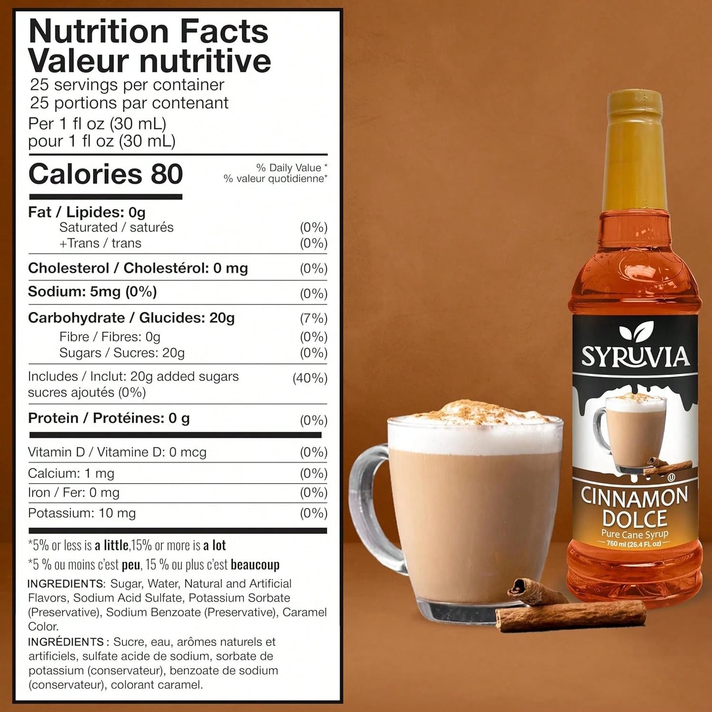 Syruvia Cinnamon Dolce Coffee Syrup- 25.4 Fl Oz. Premium Coffee Flavoring Syrup. Kosher, And Gluten-Free. Perfect For Enhancing Drinks, Sodas, Shakes, Desserts, And More.