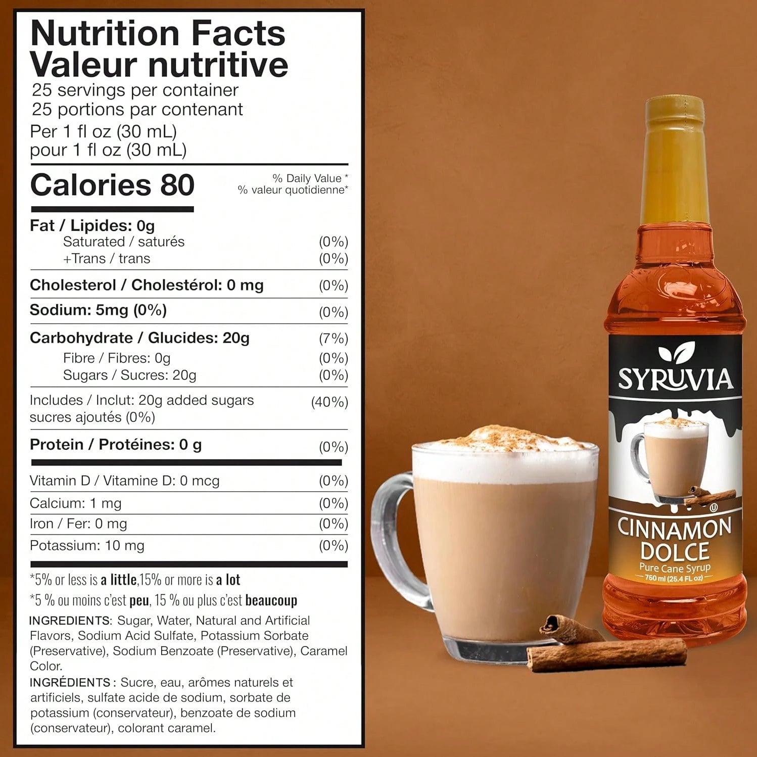 Syruvia Cinnamon Dolce Coffee Syrup- 25.4 Fl Oz. Premium Coffee Flavoring Syrup. Kosher, And Gluten-Free. Perfect For Enhancing Drinks, Sodas, Shakes, Desserts, And More.