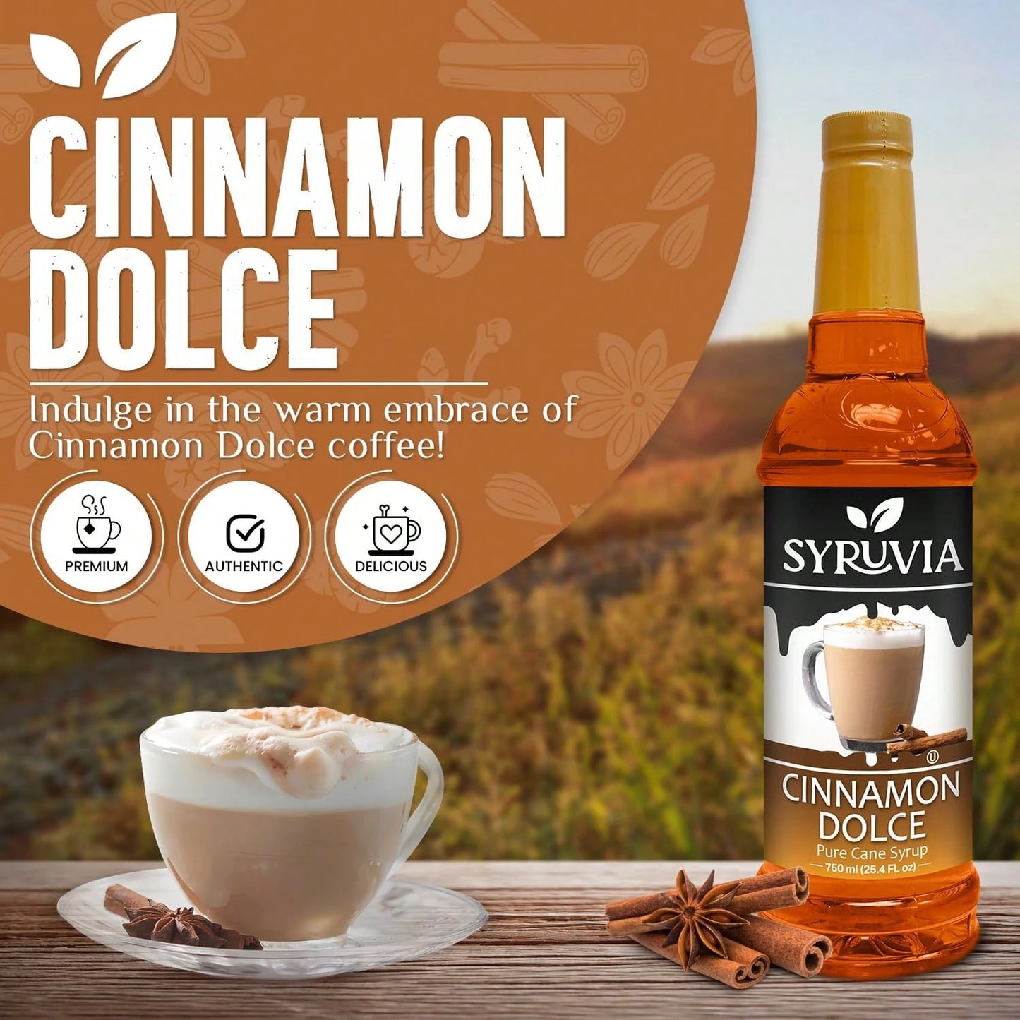 Syruvia Cinnamon Dolce Coffee Syrup- 25.4 Fl Oz. Premium Coffee Flavoring Syrup. Kosher, And Gluten-Free. Perfect For Enhancing Drinks, Sodas, Shakes, Desserts, And More.