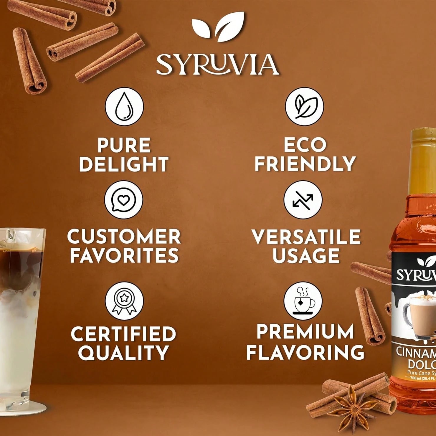 Syruvia Cinnamon Dolce Coffee Syrup- 25.4 Fl Oz. Premium Coffee Flavoring Syrup. Kosher, And Gluten-Free. Perfect For Enhancing Drinks, Sodas, Shakes, Desserts, And More.