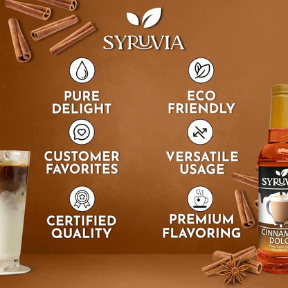Syruvia Cinnamon Dolce Coffee Syrup- 25.4 Fl Oz. Premium Coffee Flavoring Syrup. Kosher, And Gluten-Free. Perfect For Enhancing Drinks, Sodas, Shakes, Desserts, And More.