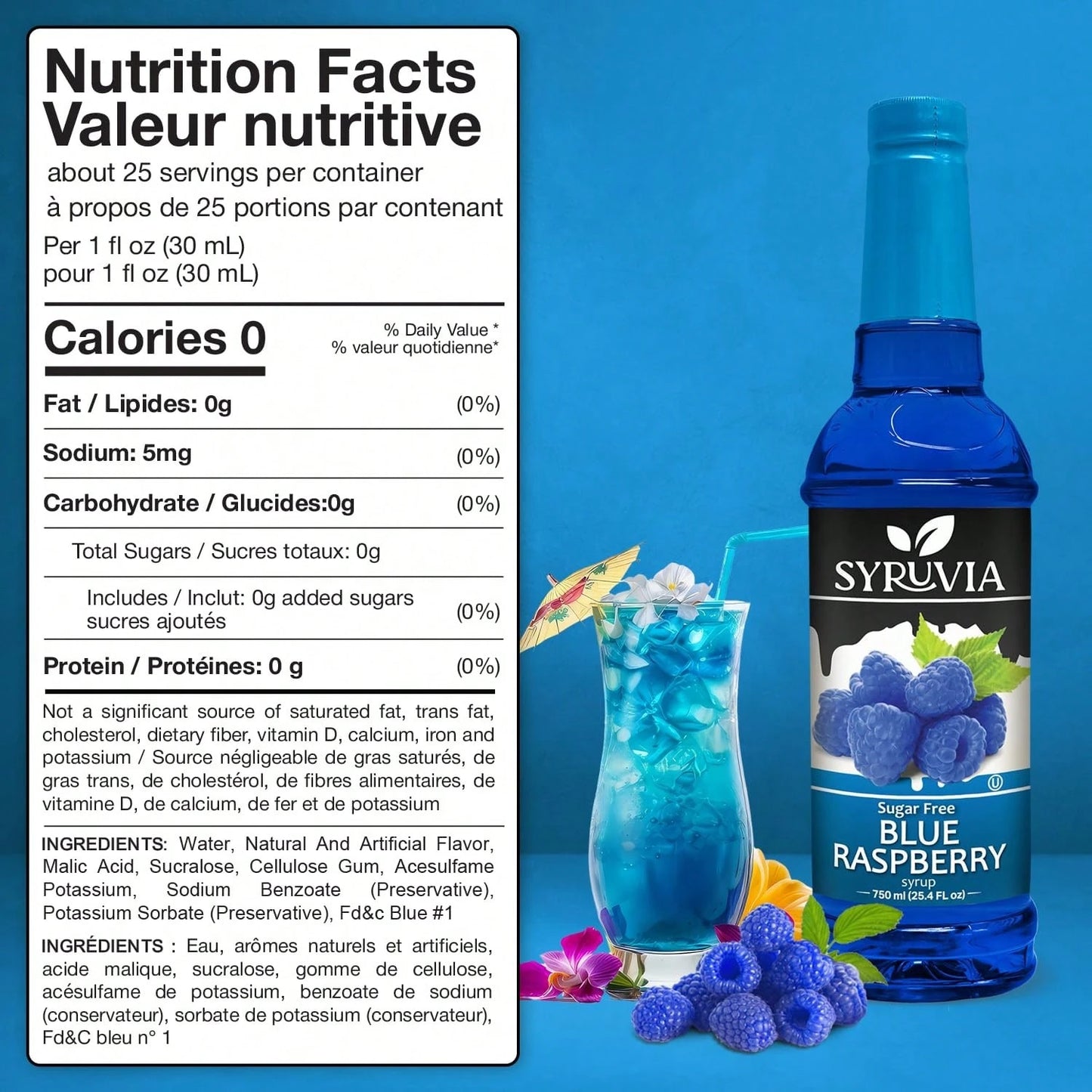 Syruvia Sugar-Free Blue Raspberry Flavored Syrup- 25.4 Fl Oz Premium Flavoring Syrup- 0 Calorie- Kosher Flavored Syrups, Gluten Free, Perfect For Drinks, Soda, Shakes, Cocktails, Desserts, And More.