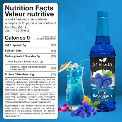 Syruvia Sugar-Free Blue Raspberry Flavored Syrup- 25.4 Fl Oz Premium Flavoring Syrup- 0 Calorie- Kosher Flavored Syrups, Gluten Free, Perfect For Drinks, Soda, Shakes, Cocktails, Desserts, And More.