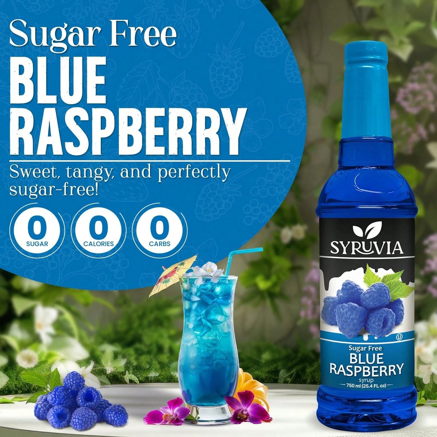 Syruvia Sugar-Free Blue Raspberry Flavored Syrup- 25.4 Fl Oz Premium Flavoring Syrup- 0 Calorie- Kosher Flavored Syrups, Gluten Free, Perfect For Drinks, Soda, Shakes, Cocktails, Desserts, And More.
