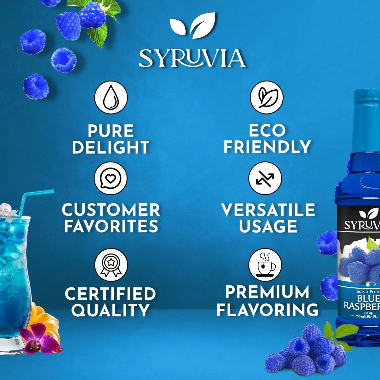 Syruvia Sugar-Free Blue Raspberry Flavored Syrup- 25.4 Fl Oz Premium Flavoring Syrup- 0 Calorie- Kosher Flavored Syrups, Gluten Free, Perfect For Drinks, Soda, Shakes, Cocktails, Desserts, And More.