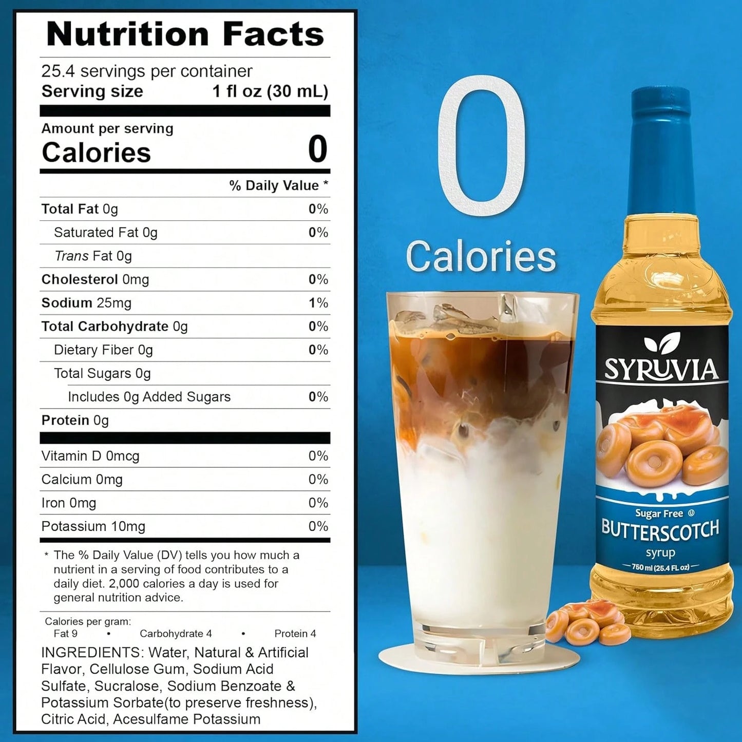 Syruvia Sugar-Free Butterscotch Coffee Syrup- 25.4 Fl Oz Premium Coffee Flavoring Syrup. 0 Calories, Kosher, And Gluten-Free. Ideal For Drinks, Sodas, Shakes, Desserts, And More.