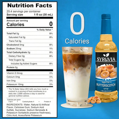 Syruvia Sugar-Free Butterscotch Coffee Syrup- 25.4 Fl Oz Premium Coffee Flavoring Syrup. 0 Calories, Kosher, And Gluten-Free. Ideal For Drinks, Sodas, Shakes, Desserts, And More.