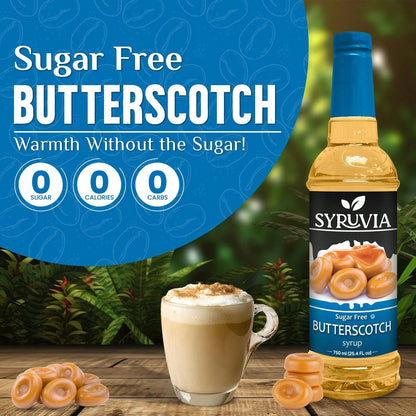 Syruvia Sugar-Free Butterscotch Coffee Syrup- 25.4 Fl Oz Premium Coffee Flavoring Syrup. 0 Calories, Kosher, And Gluten-Free. Ideal For Drinks, Sodas, Shakes, Desserts, And More.