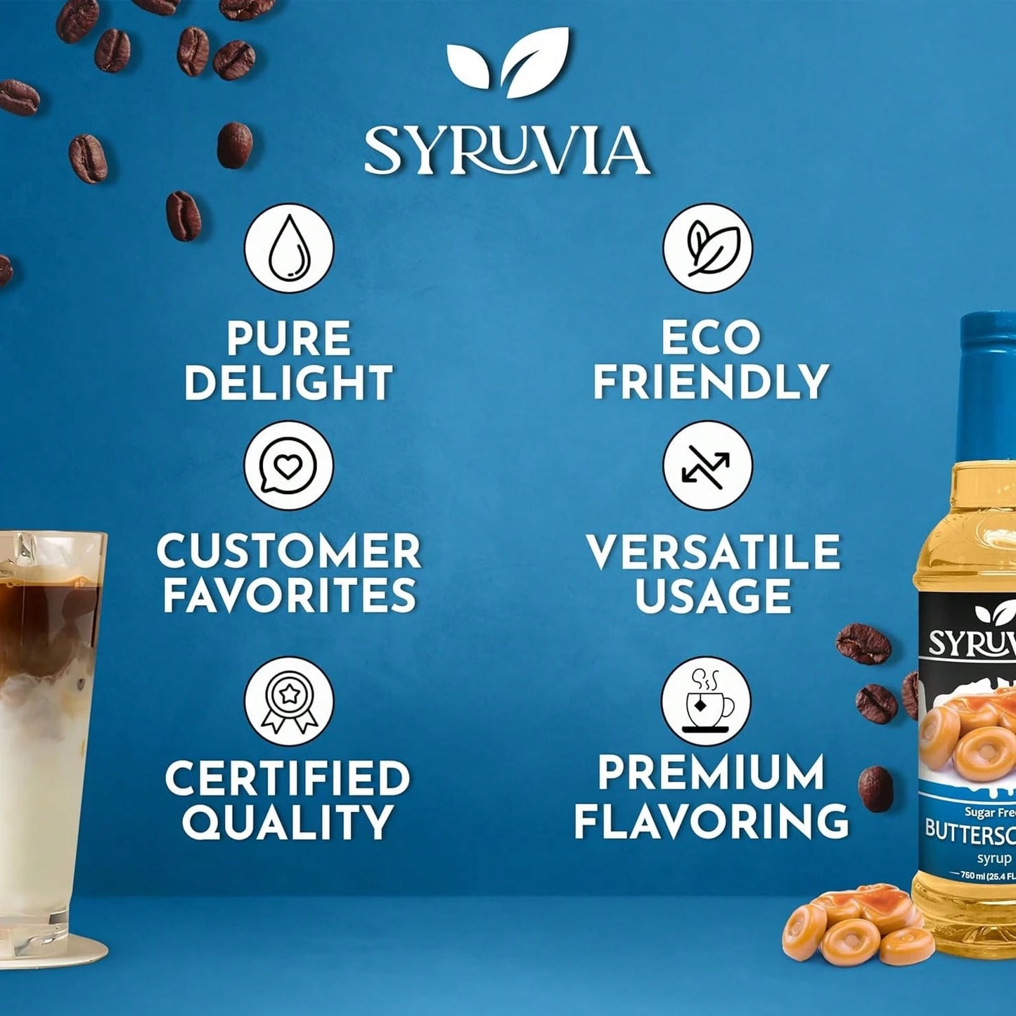 Syruvia Sugar-Free Butterscotch Coffee Syrup- 25.4 Fl Oz Premium Coffee Flavoring Syrup. 0 Calories, Kosher, And Gluten-Free. Ideal For Drinks, Sodas, Shakes, Desserts, And More.