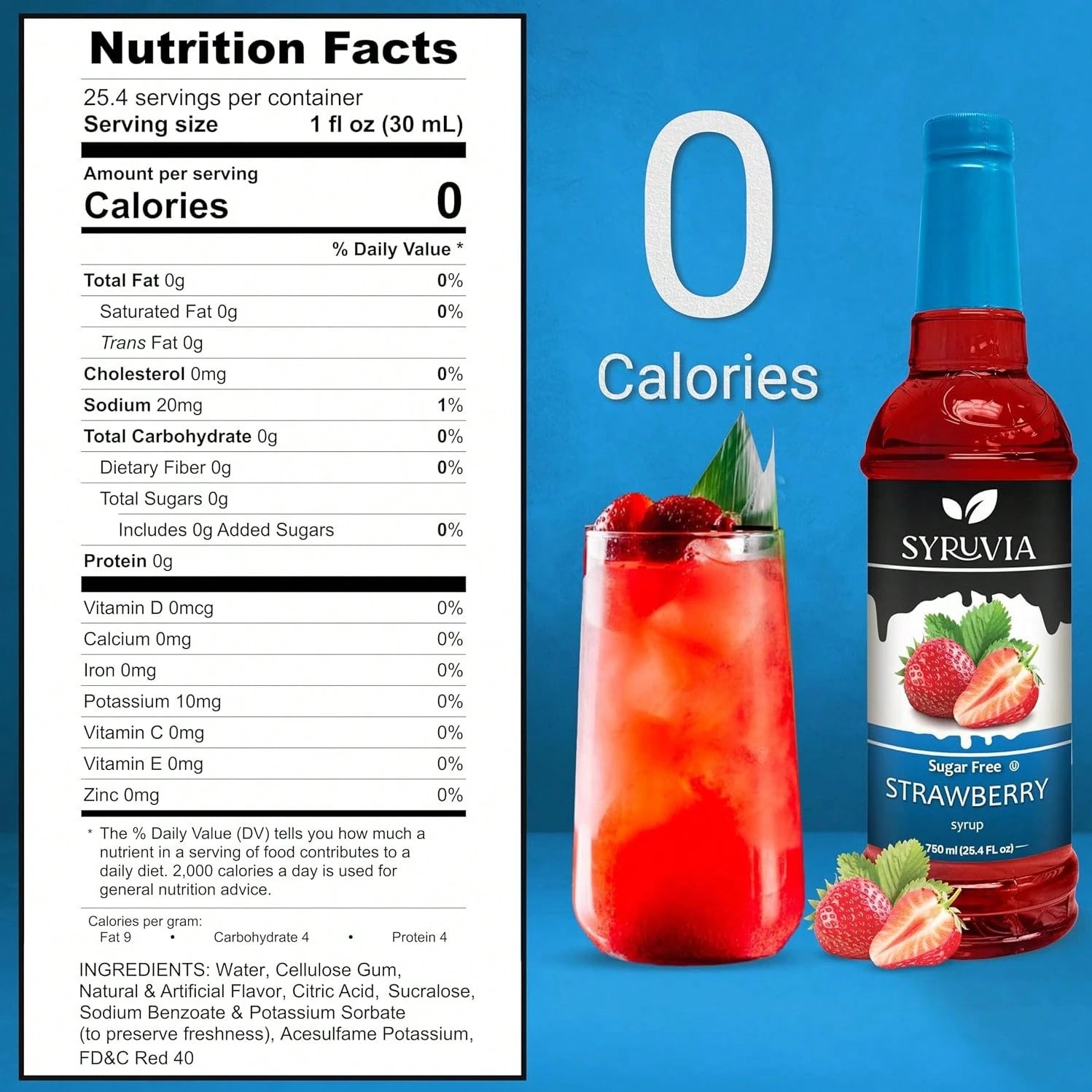 Syruvia Sugar-Free Strawberry Syrup- 25.4 Fl Oz. Premium Flavoring Syrup. 0 Calories, Kosher, And Gluten-Free. Ideal For Drinks, Sodas, Shakes, Desserts, And More.