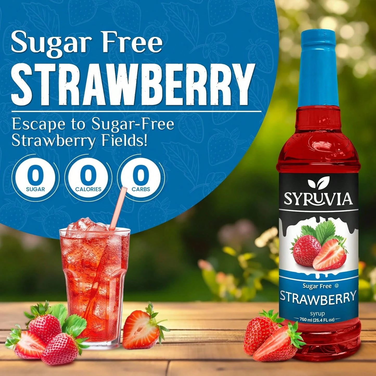 Syruvia Sugar-Free Strawberry Syrup- 25.4 Fl Oz. Premium Flavoring Syrup. 0 Calories, Kosher, And Gluten-Free. Ideal For Drinks, Sodas, Shakes, Desserts, And More.