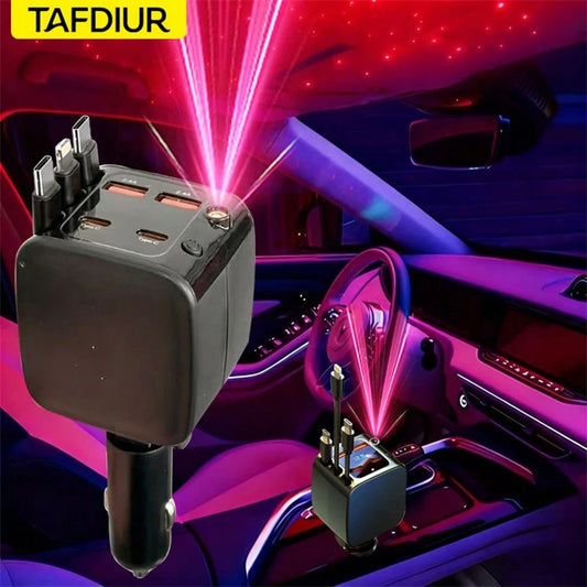 TAFDIUR Red Starry Sky Projection Car Charger, Create Romantic Car Interior Atmosphere, 7-In-1 Fast Phone Charger, 3 Retractable Charging Cables, 4 Charging Ports, Fast Charging, Beautify Your Car, Fo