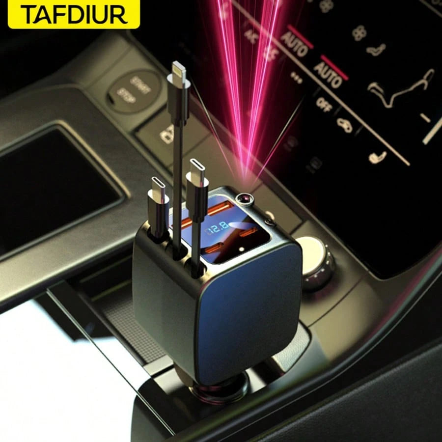 TAFDIUR Red Starry Sky Projection Car Charger, Create Romantic Car Interior Atmosphere, 7-In-1 Fast Phone Charger, 3 Retractable Charging Cables, 4 Charging Ports, Fast Charging, Beautify Your Car, Fo