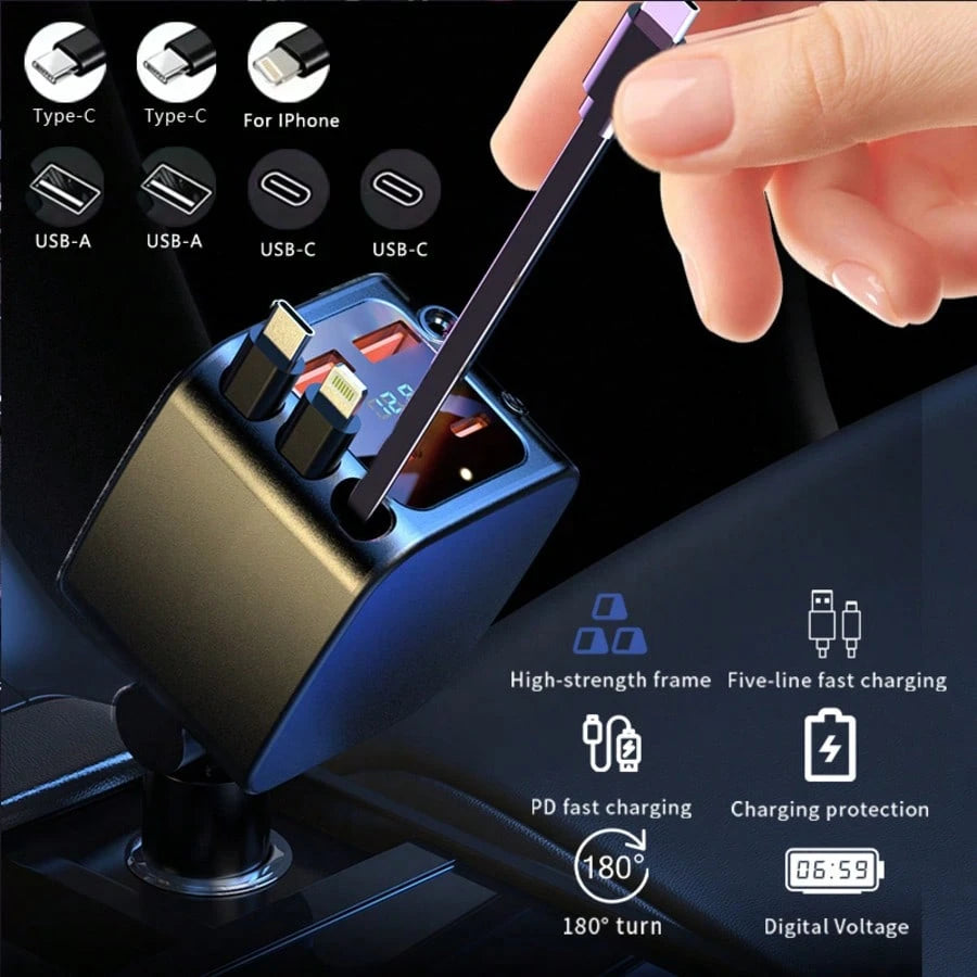 TAFDIUR Red Starry Sky Projection Car Charger, Create Romantic Car Interior Atmosphere, 7-In-1 Fast Phone Charger, 3 Retractable Charging Cables, 4 Charging Ports, Fast Charging, Beautify Your Car, Fo
