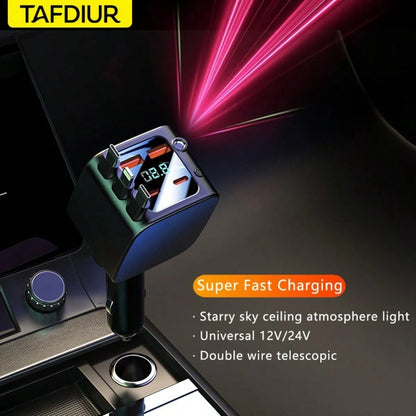 TAFDIUR Red Starry Sky Projection Car Charger, Create Romantic Car Interior Atmosphere, 7-In-1 Fast Phone Charger, 3 Retractable Charging Cables, 4 Charging Ports, Fast Charging, Beautify Your Car, Fo