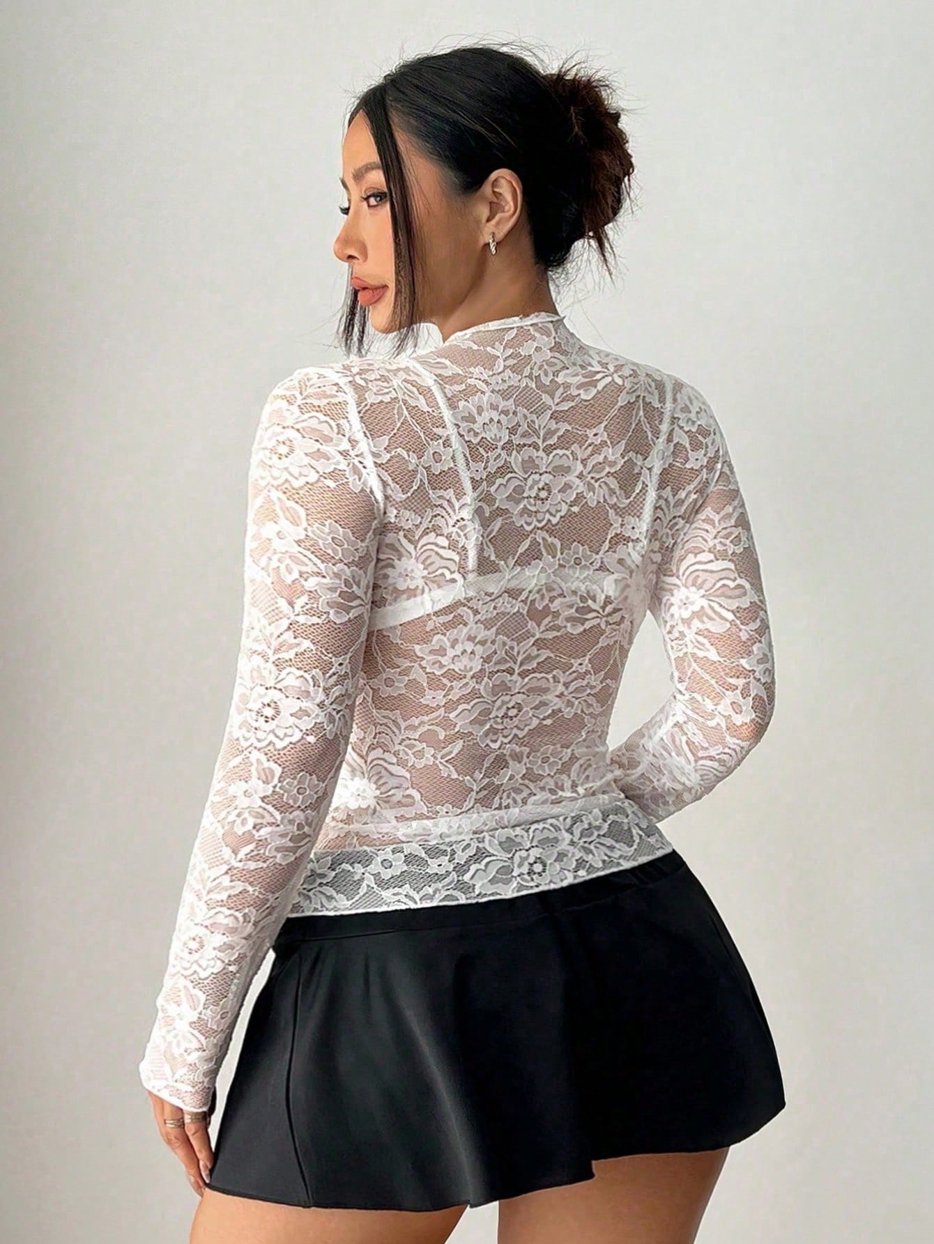 Tall Plus Size Women's Elegant Contrast Lace Sheer Back Casual Commuter Long Sleeve White Blouse Top, Autumn/Winter