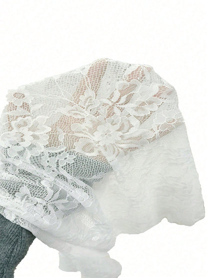 Tall Plus Size Women's Elegant Contrast Lace Sheer Back Casual Commuter Long Sleeve White Blouse Top, Autumn/Winter