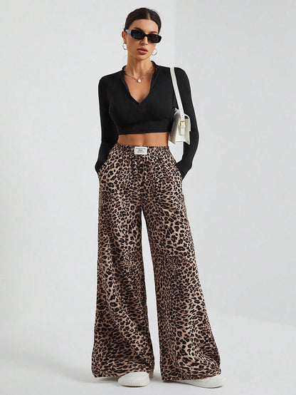 Tall Women's Wide-Leg Street Trousers In Leopard Print Woven Cute Pants Wide Leg Cheetah Clothes Animal, Tall Women