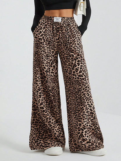 Tall Women's Wide-Leg Street Trousers In Leopard Print Woven Cute Pants Wide Leg Cheetah Clothes Animal, Tall Women