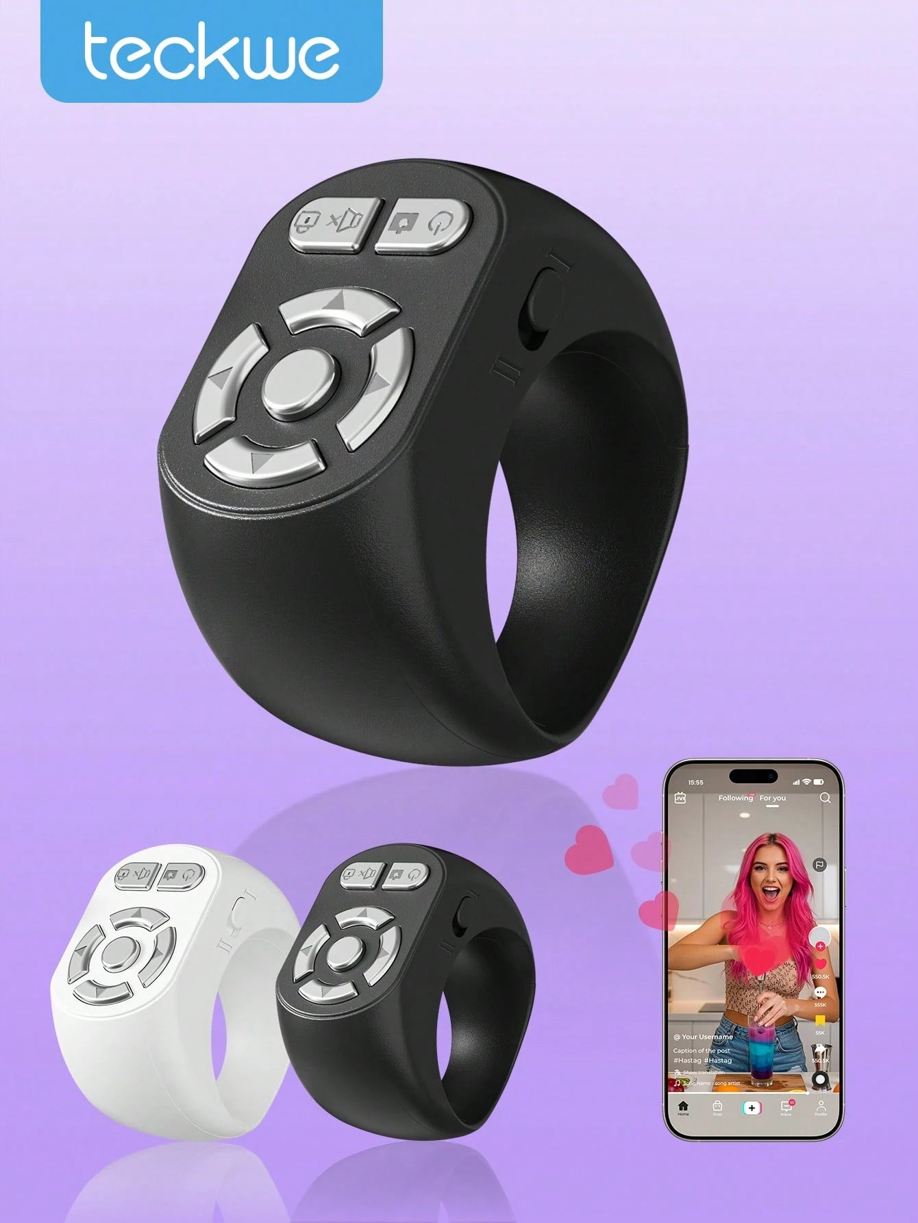 Teckwe New Wireless Scrolling Ring, Wireless Remote Control Page Turner, Photo Clicker Watching Short Videos,Taking Pictures,Listening To Music, Can Meet All Your Needs, Compatible With IOS Android