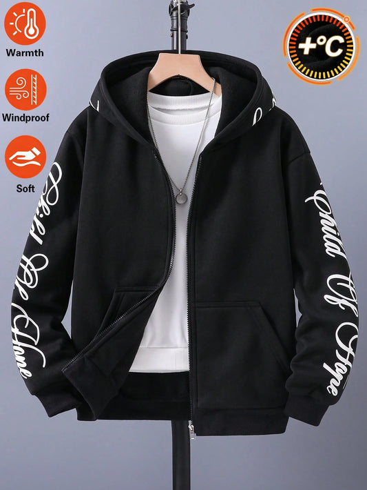 Teen Boy All-Match Pattern Print Multi-Function Hooded Zip-Up Sweatshirt