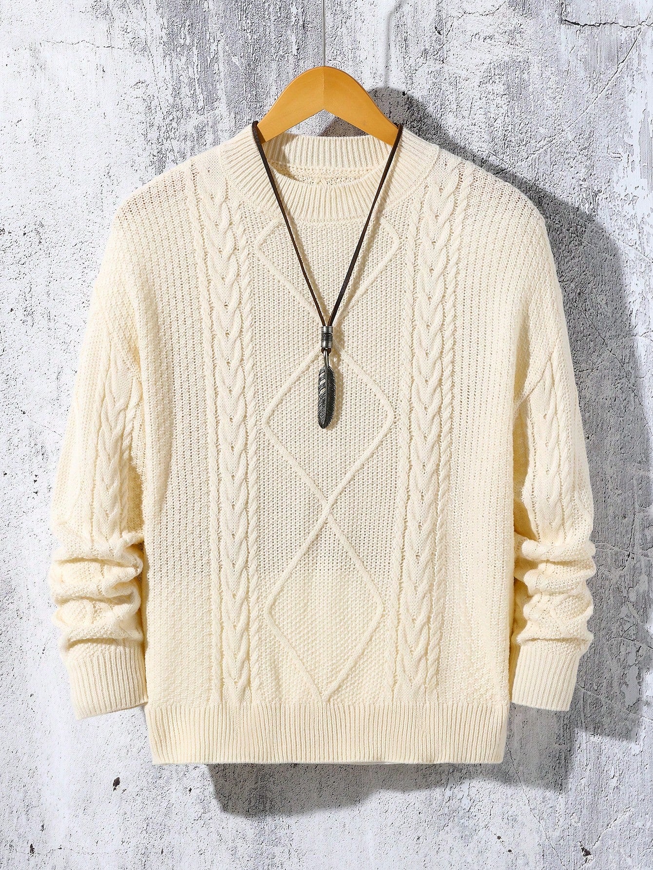 Teen Boys Loose Fit Crew Neck Cable Knit Pullover Sweater,Oatmeal Oversized Retro Jumper,Back-To-School,Autumn,All White Casual Formal Textured Top