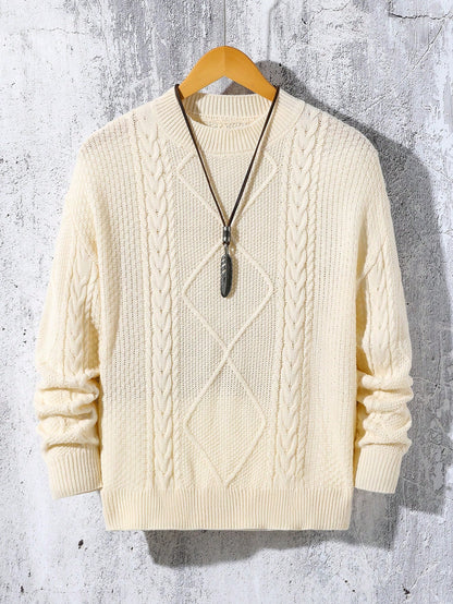 Teen Boys Loose Fit Crew Neck Cable Knit Pullover Sweater,Oatmeal Oversized Retro Jumper,Back-To-School,Autumn,All White Casual Formal Textured Top
