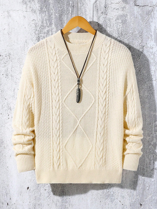 Teen Boys Loose Fit Crew Neck Cable Knit Pullover Sweater,Oatmeal Oversized Retro Jumper,Back-To-School,Autumn,All White Casual Formal Textured Top