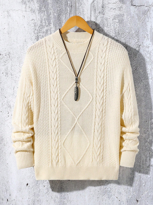 Teen Boys Loose Fit Crew Neck Cable Knit Pullover Sweater,Oatmeal Oversized Retro Jumper,Back-To-School,Autumn,All White Casual Formal Textured Top