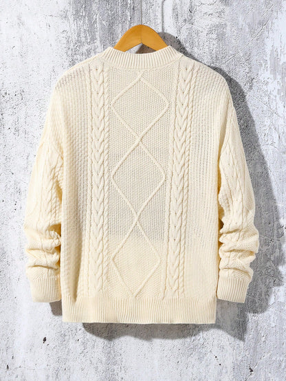 Teen Boys Loose Fit Crew Neck Cable Knit Pullover Sweater,Oatmeal Oversized Retro Jumper,Back-To-School,Autumn,All White Casual Formal Textured Top