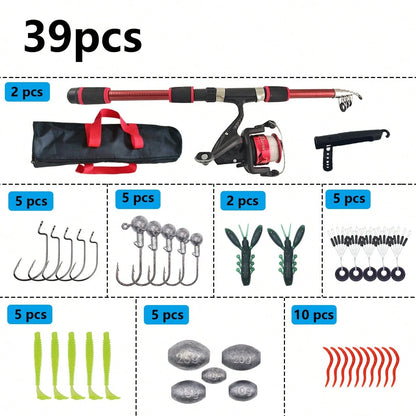 Telescopic Short Fishing Rod Set, Ultra-Hard Long Cast Rod With Metal Reel, Complete Casting Fishing Gear, 39pcs Fishing Lure Set, Suitable For All Water Layers, Freshwater And Saltwater, Fishing Gift