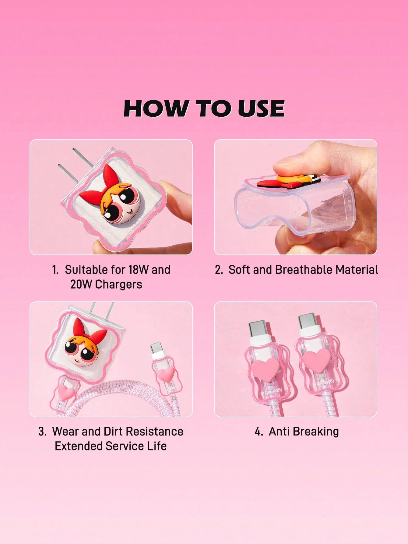 THE POWERPUFF GIRLS X Data Cable Protector, Suitable For IPhone Charger, 4-Piece Set Of Mobile Phone Cable Protectors, Charger Protector (Excluding Data Cable)