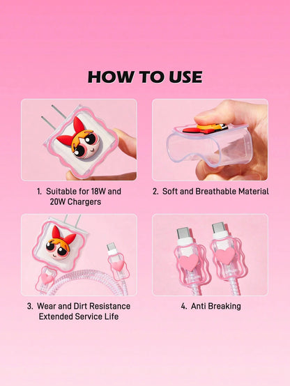 THE POWERPUFF GIRLS X Data Cable Protector, Suitable For IPhone Charger, 4-Piece Set Of Mobile Phone Cable Protectors, Charger Protector (Excluding Data Cable)