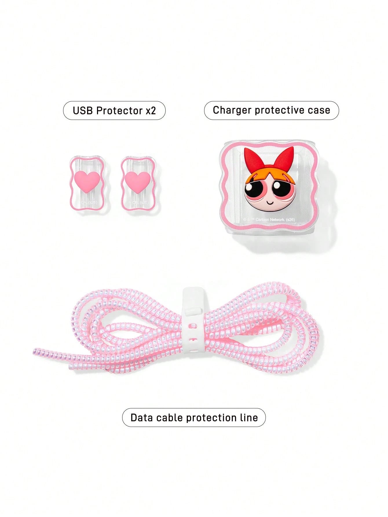 THE POWERPUFF GIRLS X Data Cable Protector, Suitable For IPhone Charger, 4-Piece Set Of Mobile Phone Cable Protectors, Charger Protector (Excluding Data Cable)