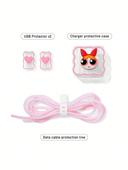 THE POWERPUFF GIRLS X Data Cable Protector, Suitable For IPhone Charger, 4-Piece Set Of Mobile Phone Cable Protectors, Charger Protector (Excluding Data Cable)