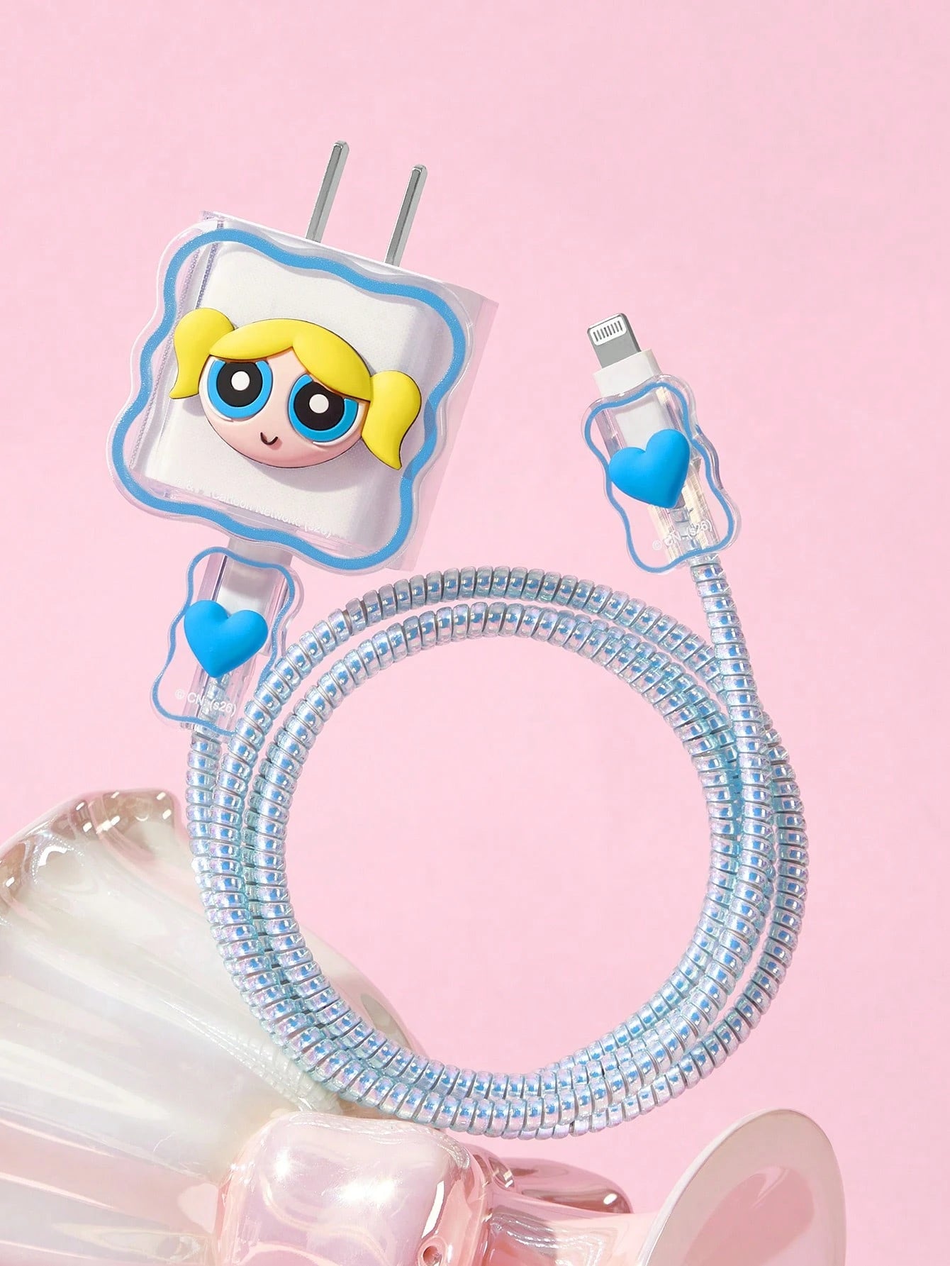 THE POWERPUFF GIRLS X Data Cable Protector, Suitable For IPhone Charger, 4-Piece Set Of Mobile Phone Cable Protectors, Charger Protector (Excluding Data Cable)