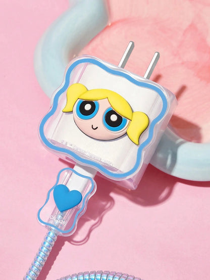 THE POWERPUFF GIRLS X Data Cable Protector, Suitable For IPhone Charger, 4-Piece Set Of Mobile Phone Cable Protectors, Charger Protector (Excluding Data Cable)