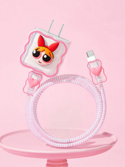 THE POWERPUFF GIRLS X Data Cable Protector, Suitable For IPhone Charger, 4-Piece Set Of Mobile Phone Cable Protectors, Charger Protector (Excluding Data Cable)