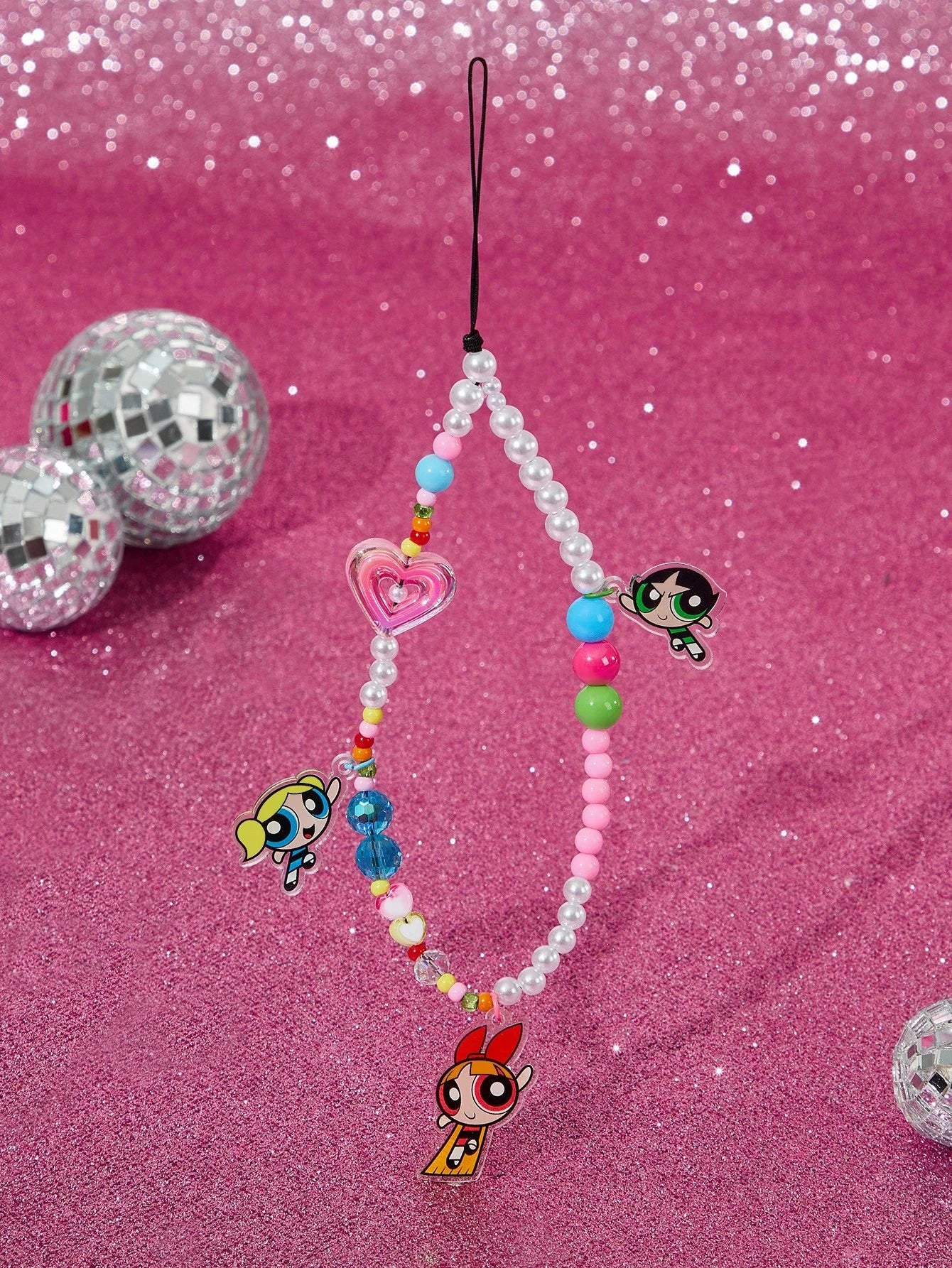 THE POWERPUFF GIRLS X Fashionable & Cute Blossom, Bubbles, Buttercup Pattern Acrylic Handmade Beaded Faux Pearl Phone Lanyard, Colorful Phone Charm Pendant,Y2K