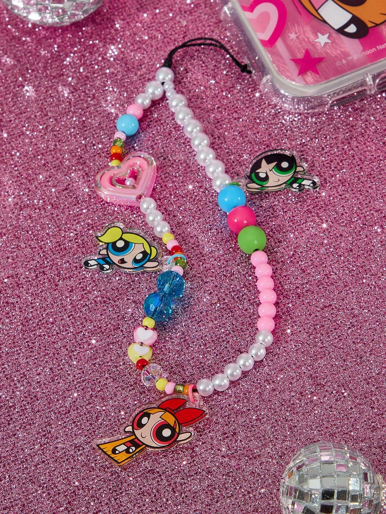 THE POWERPUFF GIRLS X Fashionable & Cute Blossom, Bubbles, Buttercup Pattern Acrylic Handmade Beaded Faux Pearl Phone Lanyard, Colorful Phone Charm Pendant,Y2K