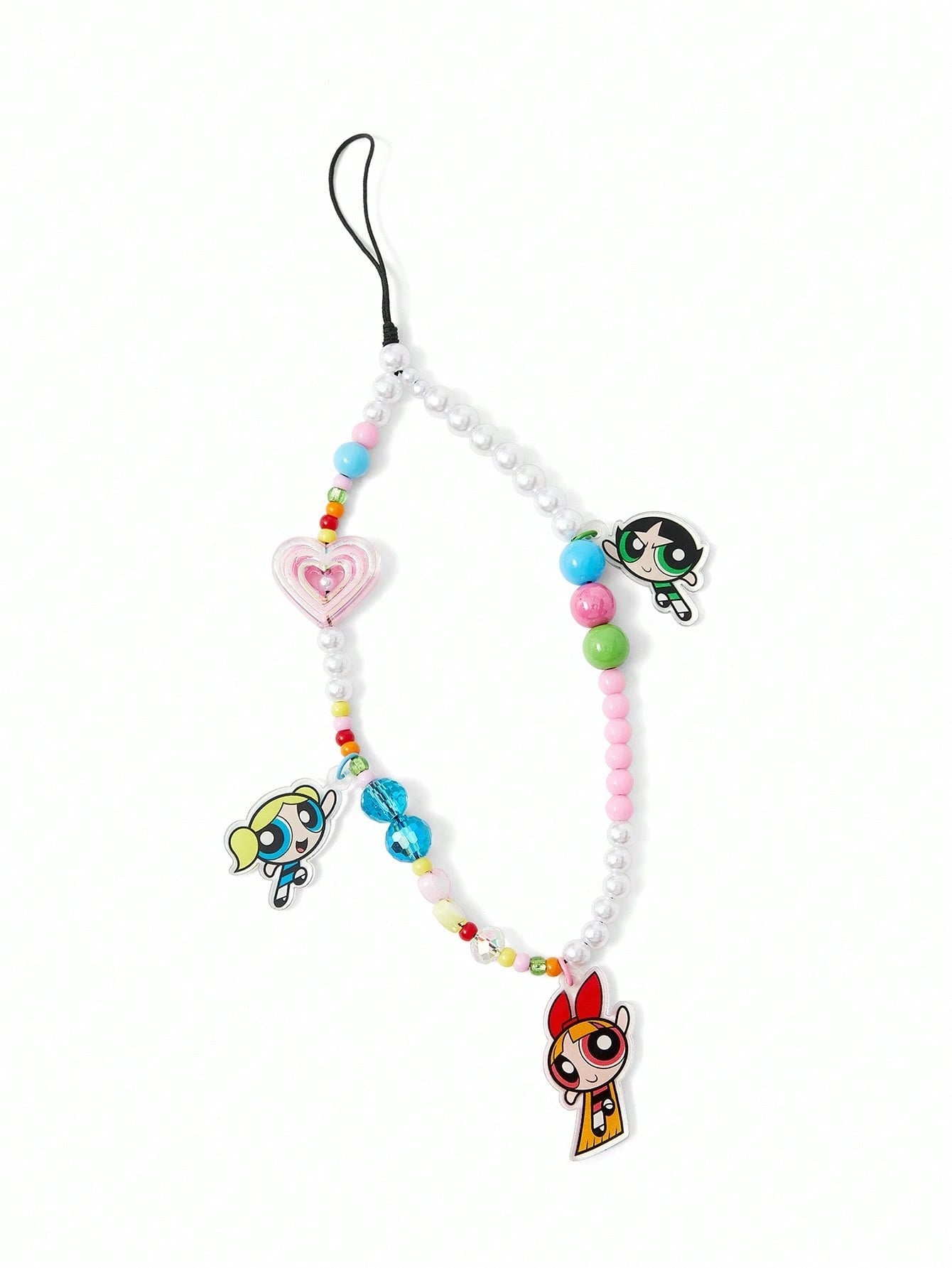THE POWERPUFF GIRLS X Fashionable & Cute Blossom, Bubbles, Buttercup Pattern Acrylic Handmade Beaded Faux Pearl Phone Lanyard, Colorful Phone Charm Pendant,Y2K