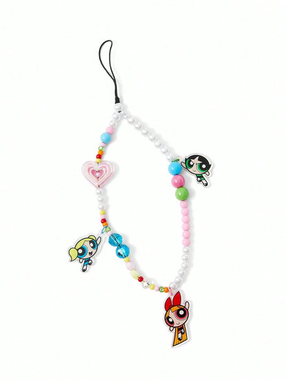 THE POWERPUFF GIRLS X Fashionable & Cute Blossom, Bubbles, Buttercup Pattern Acrylic Handmade Beaded Faux Pearl Phone Lanyard, Colorful Phone Charm Pendant,Y2K
