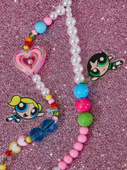 THE POWERPUFF GIRLS X Fashionable & Cute Blossom, Bubbles, Buttercup Pattern Acrylic Handmade Beaded Faux Pearl Phone Lanyard, Colorful Phone Charm Pendant,Y2K
