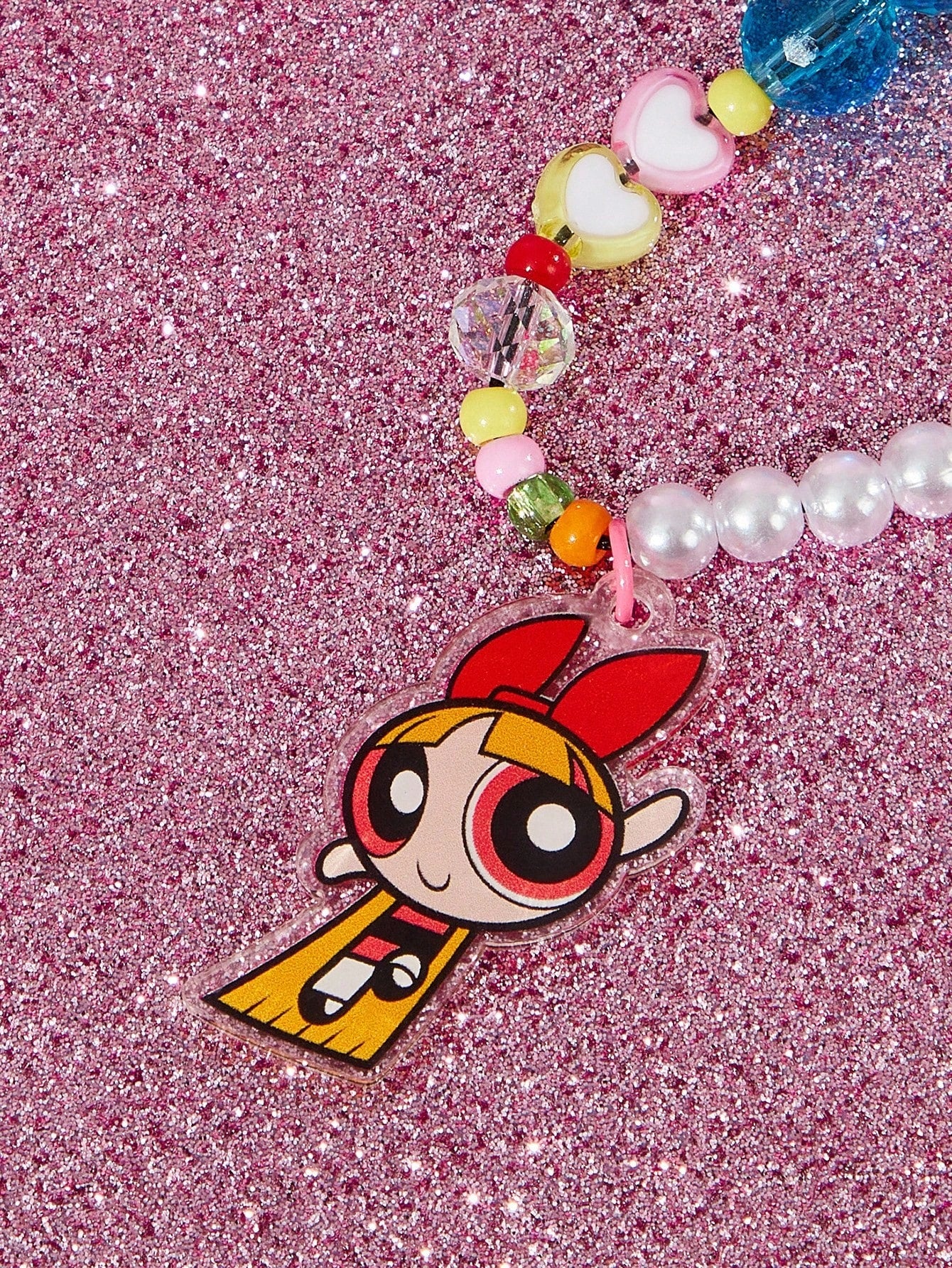 THE POWERPUFF GIRLS X Fashionable & Cute Blossom, Bubbles, Buttercup Pattern Acrylic Handmade Beaded Faux Pearl Phone Lanyard, Colorful Phone Charm Pendant,Y2K