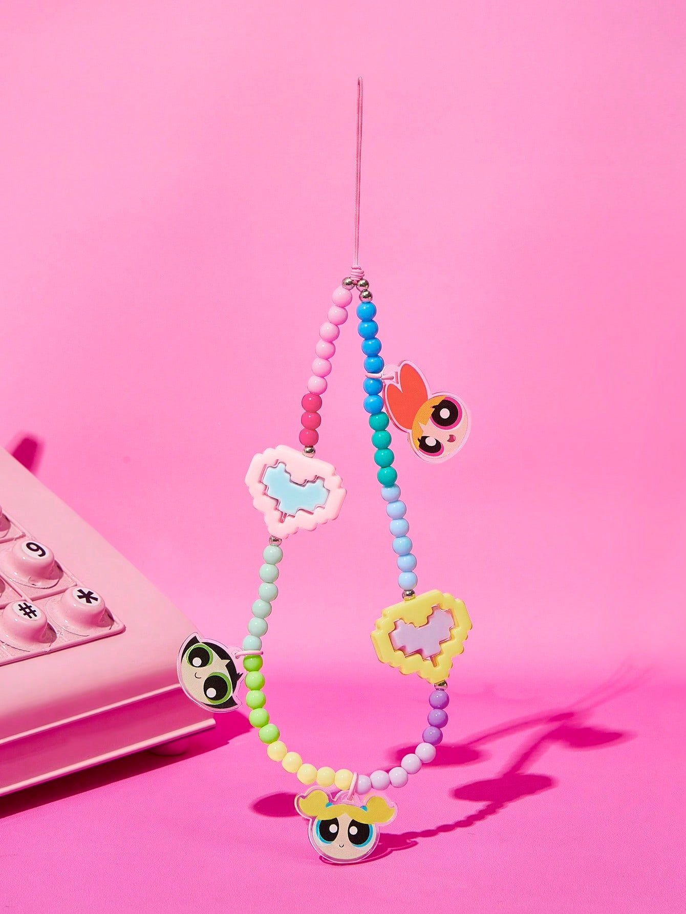 THE POWERPUFF GIRLS X Fashionable & Cute Blossom, Bubbles, Buttercup Pattern Acrylic Handmade Beaded Faux Pearl Phone Lanyard, Colorful Phone Charm Pendant,Y2K
